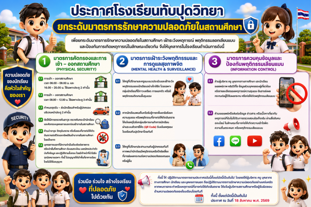 ประกาศโรงเรียนทับปุดวิทยา เรื่อง ยกระดับมาตรการรักษาความปลอดภัยในสถานศึกษา